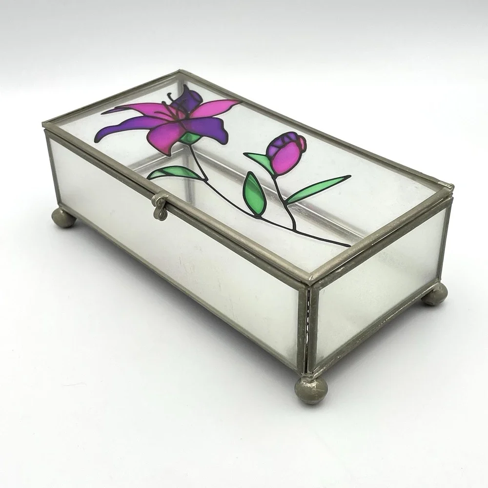 Vintage Taiwan Stained Glass Jewelry Trinket Box‎ Frosted Glass Purple Lily